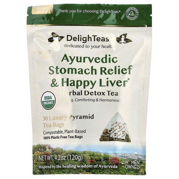 dlt60951_v_2.jpg Ayurvedic Stomach Relief & Happy Liver, травяной чай для выведения токсинов, без кофеина, 30 роскошных чайных пакетиков Pyramid, 120 г (4,2 унции) — DelighTeas