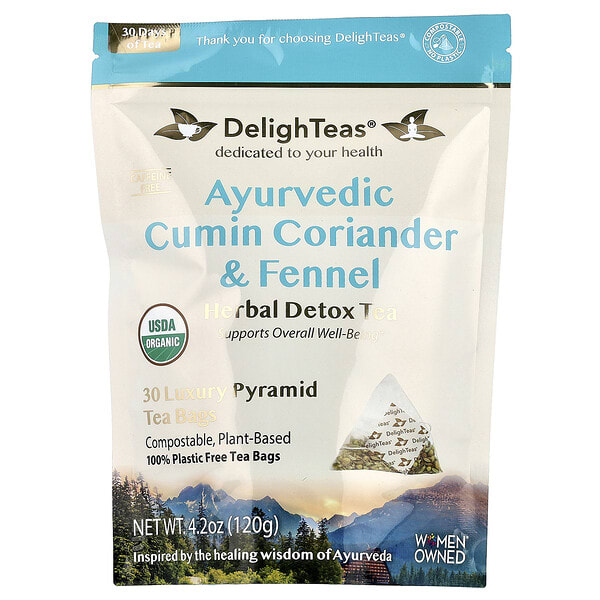 dlt64743_v_2.jpg Ayurvedic Cumin, Coriander & Fennel, травяной чай для выведения токсинов, без кофеина, 30 роскошных чайных пакетиков Pyramid, 120 г (4,2 унции) — DelighTeas