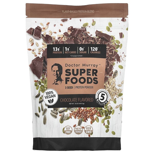 dmy35318_v_8.jpg Super Foods, порошок из 3 протеинов, тыква + лен + подсолнечник, шоколад, 453,5 г (16 унций) — Dr. Murray's