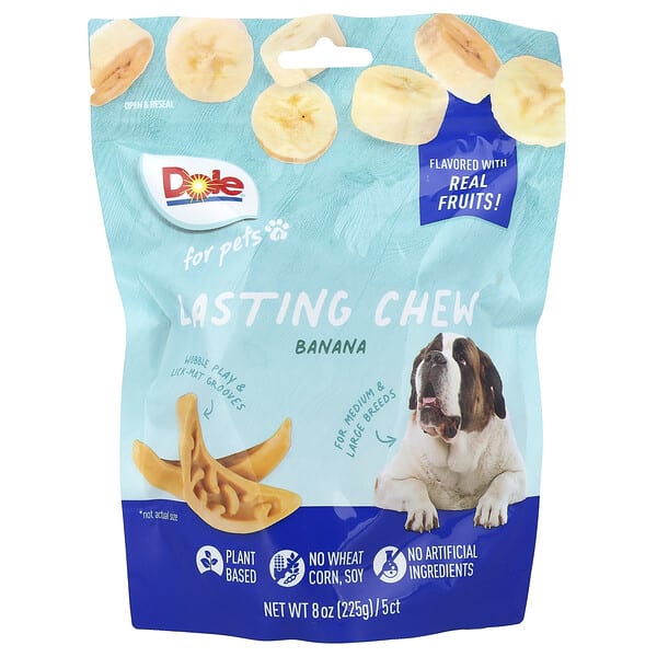dop05410_v_2.jpg Lasting Chew, для средних и крупных пород, со вкусом банана, 5 жевательных таблеток, 225 г (8 унций) — Dole for Pets