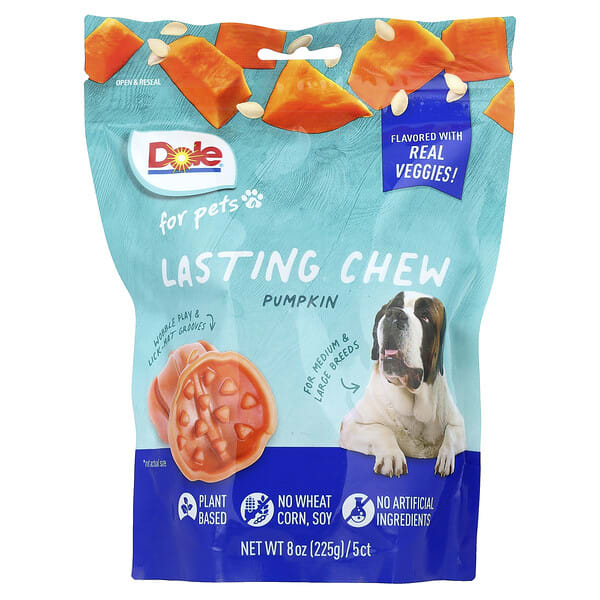 dop05411_v_2.jpg Lasting Chew, для средних и крупных пород, тыква, 5 жевательных таблеток, 225 г (8 унций) — Dole for Pets