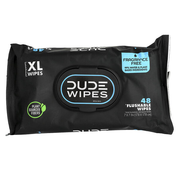 dud00010_v_12.jpg Dude Products, Салфетки, которые можно смывать, без отдушек, 48 салфеток