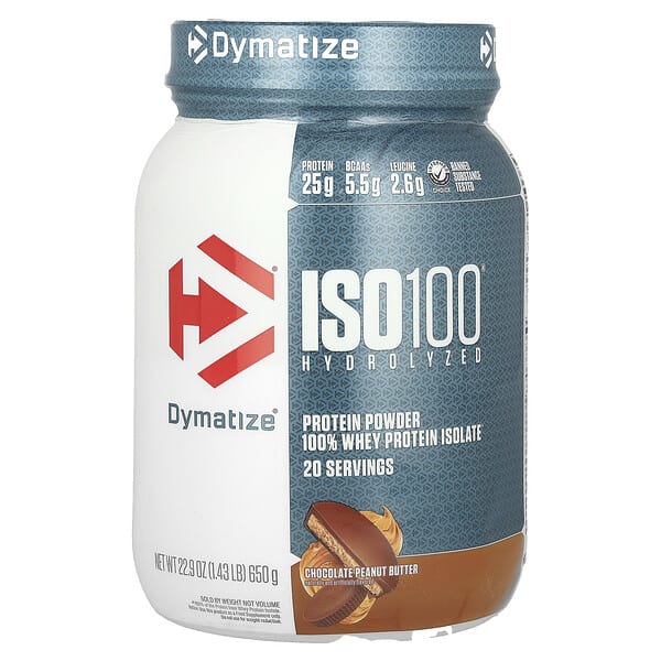 dyz60033_v_15.jpg ISO100®, гидролизованный, 100% изолят сывороточного протеина, шоколад и арахисовое масло, 650 г (1,43 фунта) — Dymatize