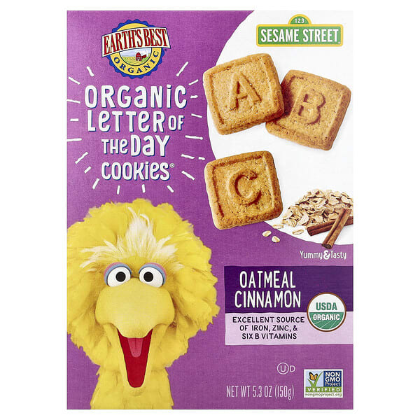 eab20200_v_32.jpg Organic Letter of The Day Cookies®, органическое печенье для детей от 2 лет, овсянка с корицей, 150 г (5,3 унции) — Earth's Best