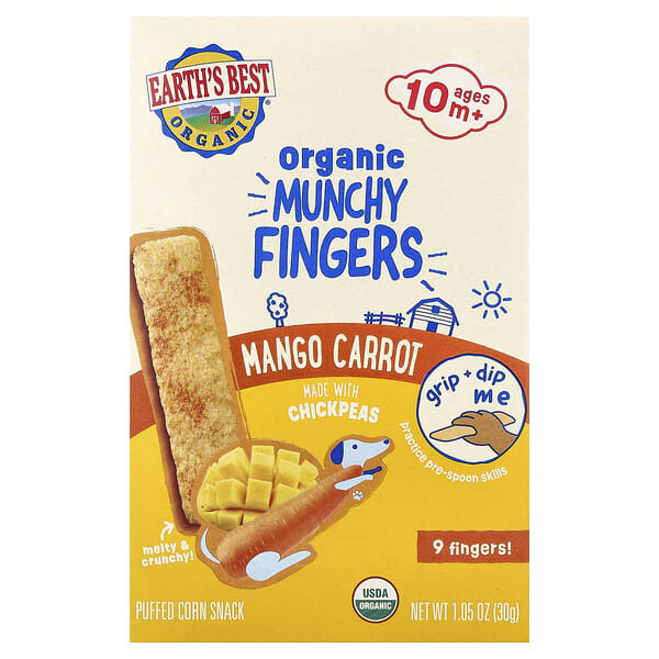eab70889_v_16.jpg Organic Munchy Fingers, кукурузный снек, для детей от 10 месяцев, манго и морковь, 30 г (1,05 унции) — Earth's Best