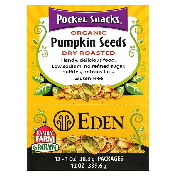 edn10096_v_29.jpg Organic, Pocket snacks, тыквенные семечки, сухие жареные, 12 пакетиков, 1 унция (28,3 г) каждый — Eden Foods
