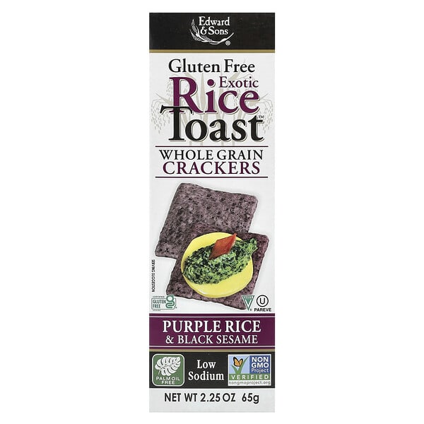 edw00062_v_38.jpg Exotic Rice Toast™, цельнозерновые крекеры, фиолетовый рис и черный кунжут, 65 г (2,25 унции) — Edward & Sons