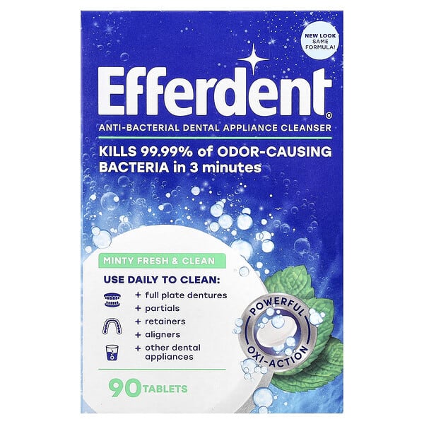 efd01590_v_40.jpg Efferdent, Антибактериальное очищающее средство для зубов, мятный свежий и чистый, 90 таблеток