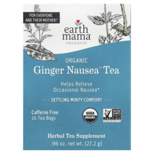 Organics, органический чай Nausea™ с имбирем, успокаивающий мятный чай, без кофеина, 16 чайных пакетиков, 27,2 г (0,96 унции) — Earth Mama