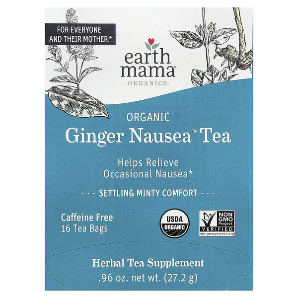 ema01012_v_45.jpg Organics, органический чай Nausea™ с имбирем, успокаивающий мятный чай, без кофеина, 16 чайных пакетиков, 27,2 г (0,96 унции) — Earth Mama
