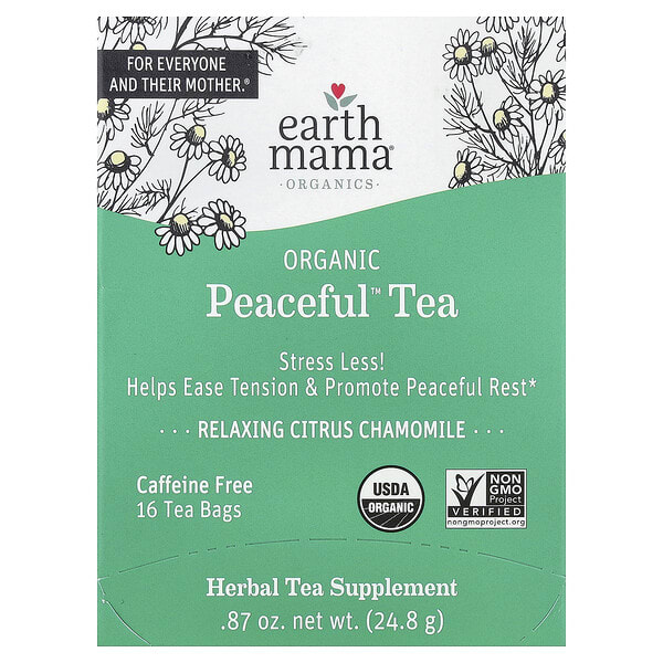 ema01013_v_48.jpg Organics, Organic Peaceful™ Tea, расслабляющий чай с цитрусовыми и ромашкой, без кофеина, 16 чайных пакетиков, 24,8 г (0,87 унции) — Earth Mama