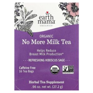 Organics, органический чай No More Milk, освежающий гибискус и шалфей, без кофеина, 16 чайных пакетиков, 27,2 г (0,96 унции) — Earth Mama