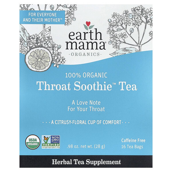 ema01081_v_18.jpg Organics, 100% органический чай Throat Soothie™, без кофеина, 16 чайных пакетиков, 28 г (0,98 унции) — Earth Mama