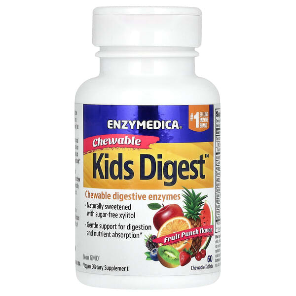 enz11010_v_36.jpg Kids Digest, жевательные ферменты для детей, со вкусом фруктового пунша, 60 жевательных таблеток — Enzymedica