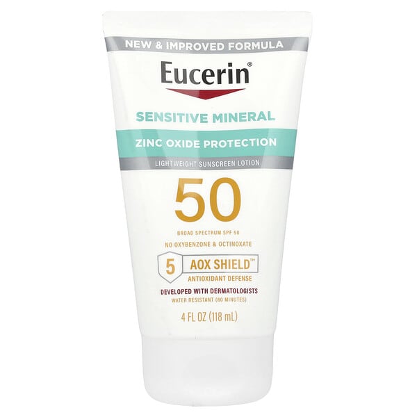 euc03226_v_12.jpg Sensitive Mineral, легкий солнцезащитный лосьон, SPF 50, без отдушек, 118 мл (4 жидк. унц.) — Eucerin