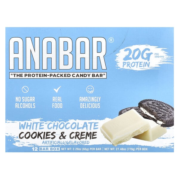 fbp87825_v_21.jpg The Anabar, The Protein-Packed Candy Bar®, печенье с кремом из белого шоколада, 12 батончиков по 65 г (2,29 унции)