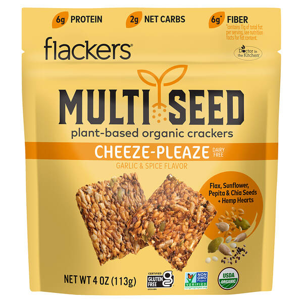 flk00227_v_5.jpg Multi Seed, органические крекеры на растительной основе, Cheeze-Pleaze, чеснок и специи, 113 г (4 унции) — Flackers