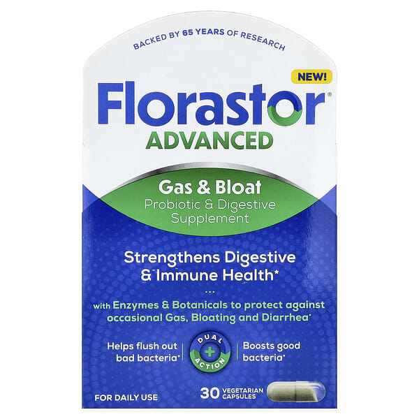 flr00081_v_20.jpg Advanced, Gas & Bloat, 30 Vegetarian Capsules — Florastor