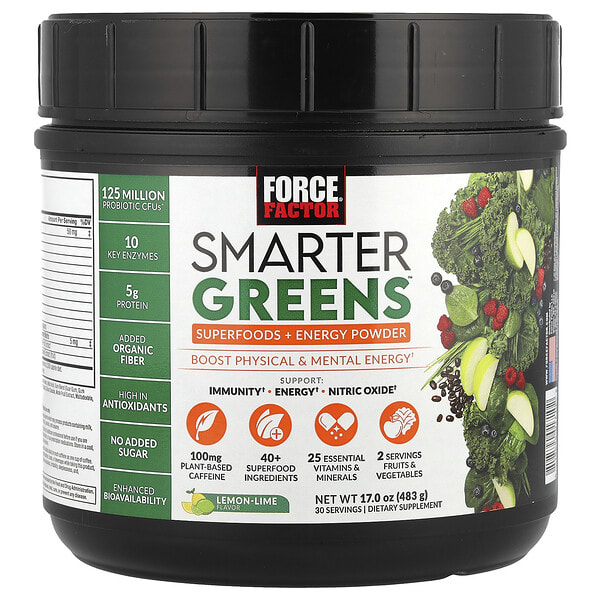 foa01710_v_28.jpg Smarter Greens™, суперфуды + энергетический порошок, лимон и лайм, 483 г (17 унций) — Force Factor