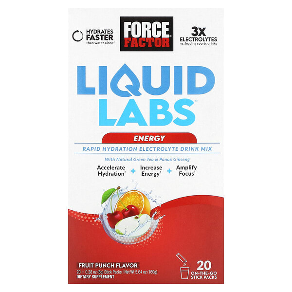 foa01942_v_10.jpg Liquid Labs, Energy, фруктовый пунш, 20 пакетиков по 8 г (0,28 унции) — Force Factor