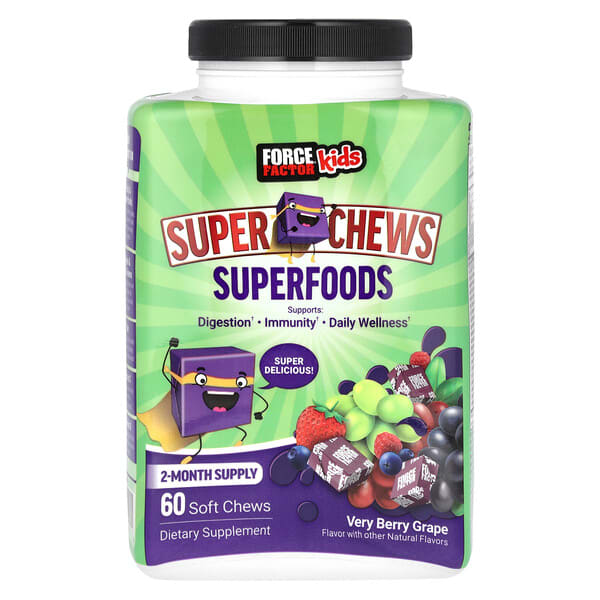 foa66079_v_8.jpg Для детей, Super Chews Superfoods, очень ягодный виноград, 60 жевательных таблеток — Force Factor