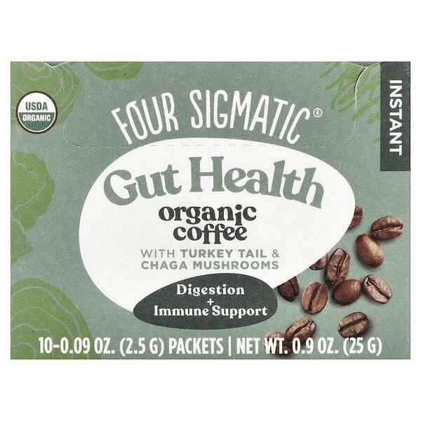 fsm31072_v_131.jpg Gut Health, органический растворимый кофе, трутовик разноцветный и грибы чага, средняя обжарка, 10 пакетиков, 2,5 г (0,09 унции) — Four Sigmatic