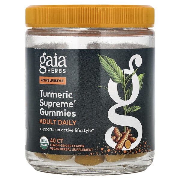 gai15192_v_40.jpg Turmeric Supreme®, ежедневные жевательные таблетки для взрослых, со вкусом лимона и имбиря, 40 жевательных таблеток — Gaia Herbs