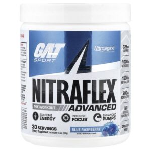 Sport, NITRAFLEX® Advanced, предтренировочный комплекс, со вкусом голубой малины, 300 г (10,6 унции) — GAT