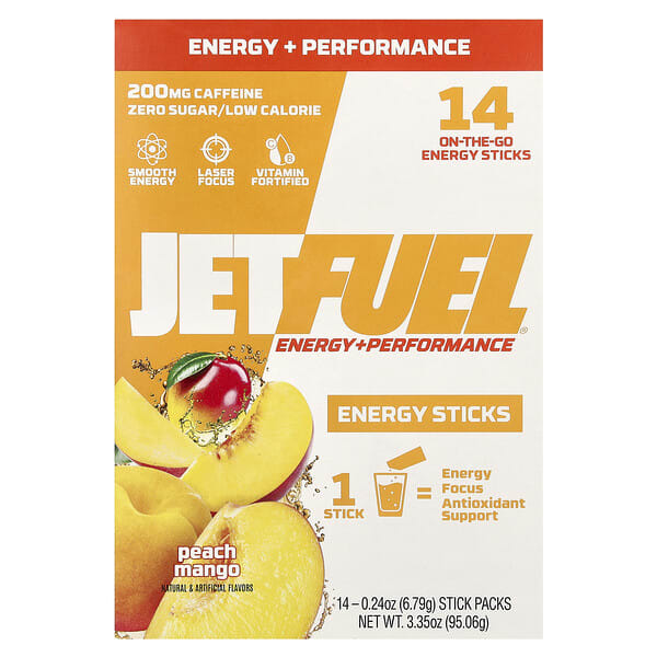 gat77006_v_18.jpg JetFuel®, Energy + Performance, энергетические палочки, персик и манго, 14 пакетиков от болезней, по 6,79 г (0,24 унции) — GAT