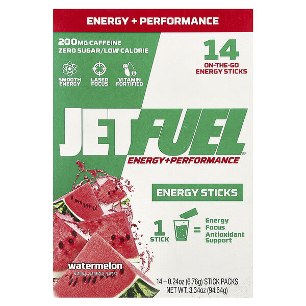 gat77007_v_18.jpg JetFuel®, Energy + Performance, энергетические палочки, арбуз, 14 пакетиков по 6,76 г (0,24 унции) — GAT