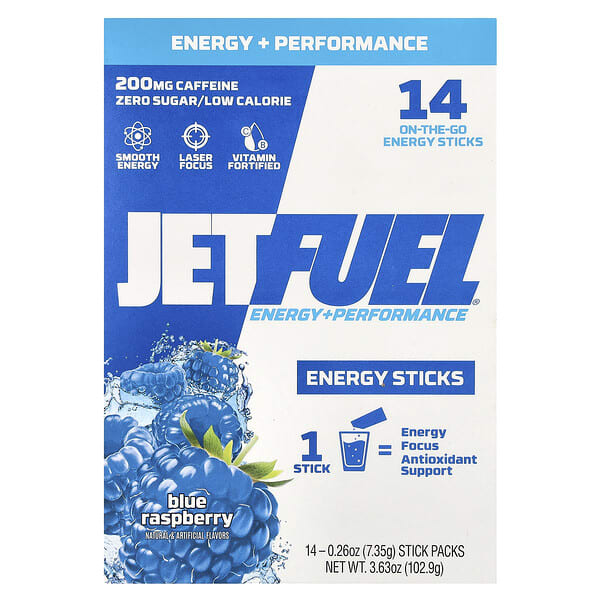 gat77008_v_18.jpg JetFuel® Energy + Performance, энергетические стики, голубая малина, 14 пакетиков по 7,35 г (0,26 унции) — GAT