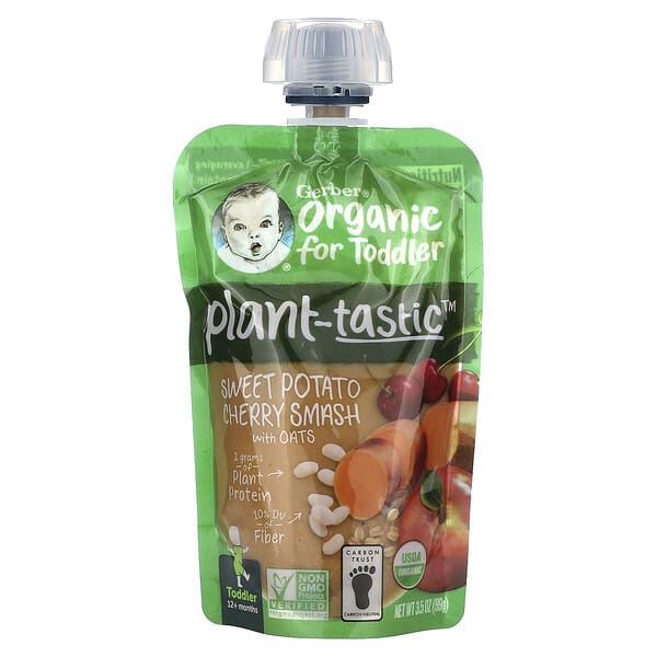 gbr04414_v_3.jpg Organic для малышей, с растительным вкусом, от 12 месяцев, батат и вишня с овсом, 99 г (3,5 унции) — Gerber