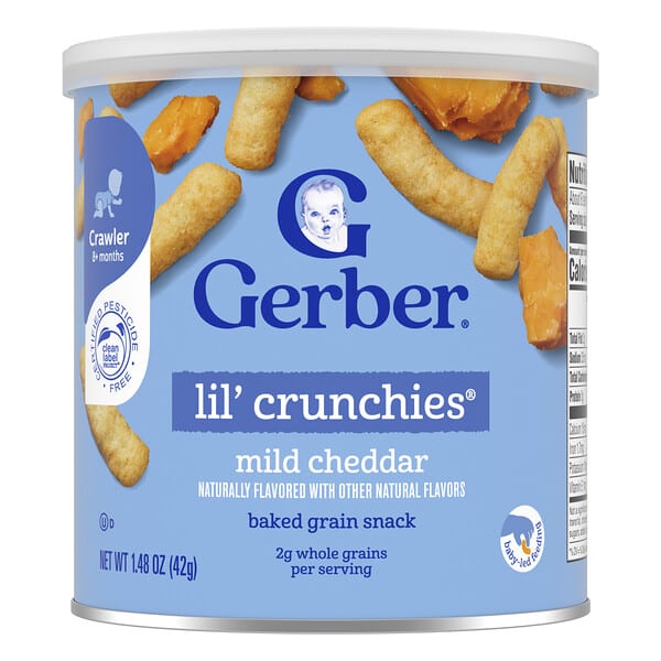 gbr04830_v_44.jpg Lil' Crunchies®, запечённый злаковый снек, для детей от 8 месяцев, мягкий чеддер, 42 г (1,48 унции) — Gerber