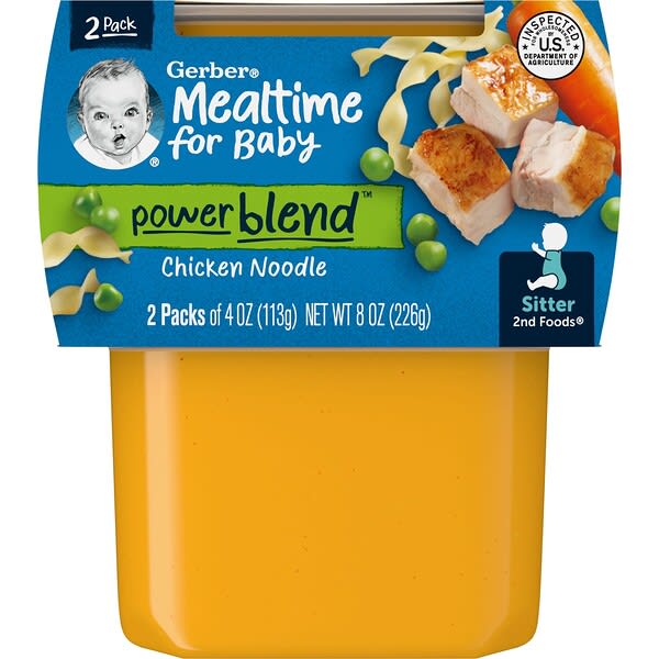 gbr07308_v_13.jpg Mealtime for Baby, Power Blend™, 2nd Foods®, курица и лапша, 2 пакетика по 113 г (4 унции) — Gerber