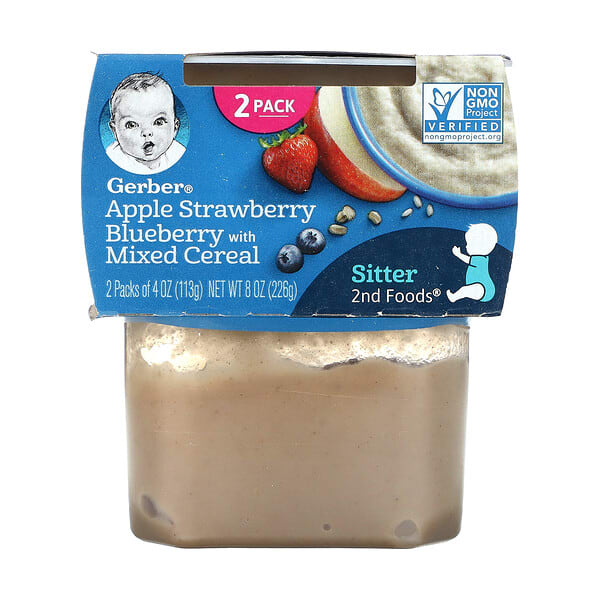 gbr07617_v_18.jpg яблоко, клубника и голубика со смесью хлопьев, 2nd Foods®, 2 упаковки по 113 г (4 унции) — Gerber