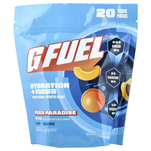 gft60444_v_3.jpg Hydration + Focus, смесь для приготовления электролитического напитка с Cognizin®, персик, 20 пакетиков-стиков по 6 г (0,21 унции) — G FUEL