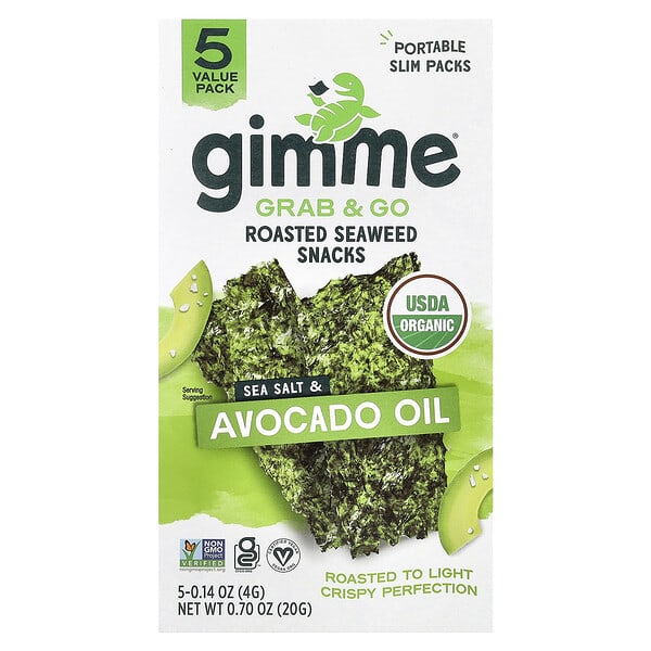 gim44615_v_18.jpg Grab & Go, жареные снеки из морских водорослей, морская соль и масло авокадо, 5 пакетиков по 4 г (0,14 унции) — gimMe