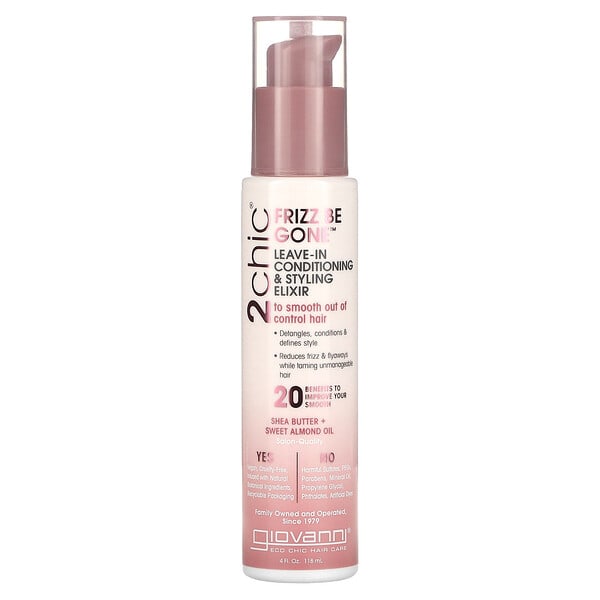 gio18560_v_15.jpg 2chic, Frizz Be Gone, несмываемый эликсир для разглаживания непослушных волос, для ухода и укладки, масло ши и масло сладкого миндаля, 118 мл (4 жидк. унции) — Giovanni