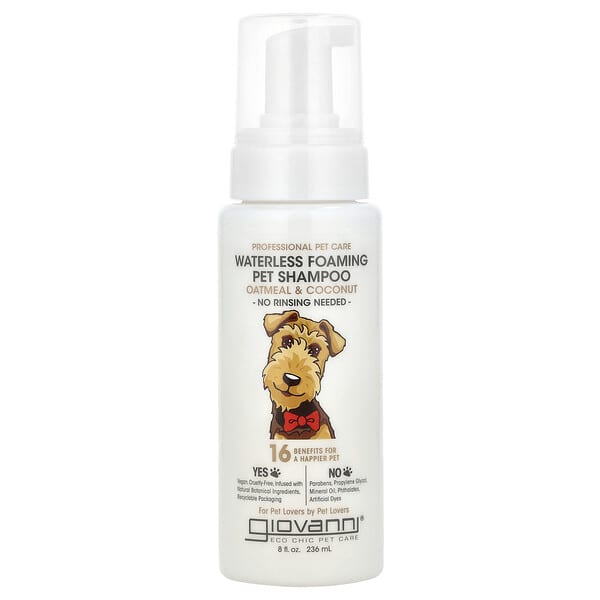 gio18687_v_14.jpg Professional Pet Care, безводный пенящийся шампунь для собак, с овсянкой и кокосом, 236 мл (8 жидк. унц.) — Giovanni