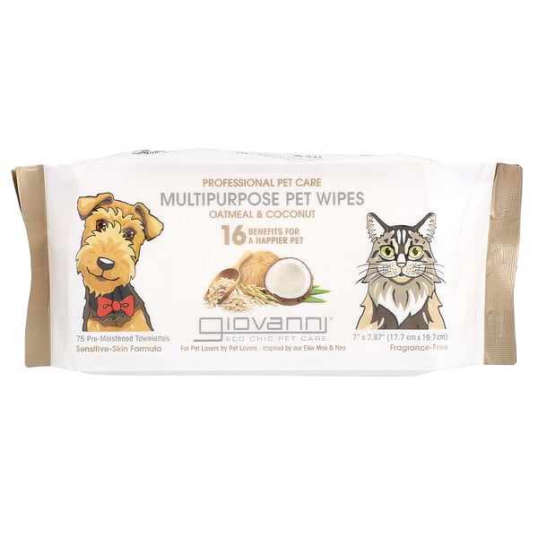 gio18696_v_12.jpg Professional Pet Care, универсальные салфетки для животных, для собак и кошек, с овсянкой и кокосом, без отдушек, 75 предварительно увлажненных салфеток — Giovanni