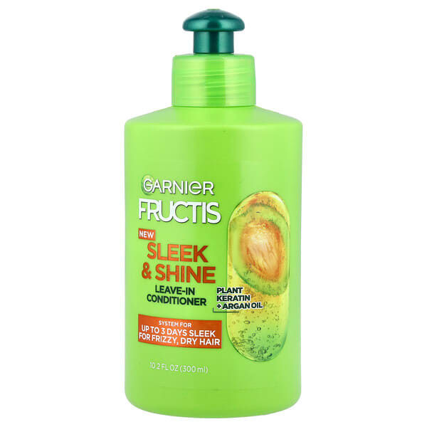 gnr26768_v_34.jpg Fructis, Sleek & Shine, несмываемый кондиционер для интенсивной разглаживания, вьющиеся, сухие, непослушные волосы, 300 мл (10,2 жидк. унц.) — Garnier