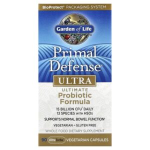 Primal Defense®, Ultra, усовершенствованная формула с пробиотиками, 90 вегетарианских капсул UltraZorbe™ — Garden of Life