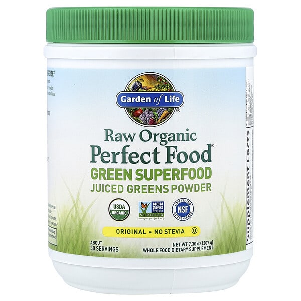 gol11405_v_75.jpg Raw Organic Perfect Food®, зеленый суперфуд, порошок из сочной зелени, оригинальный вкус, 207 г (7,3 унции) — Garden of Life