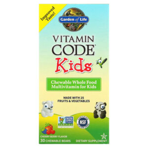 Vitamin Code, для детей, жевательные цельнопищевые мультивитамины, вишня, 30 жевательных мишек — Garden of Life