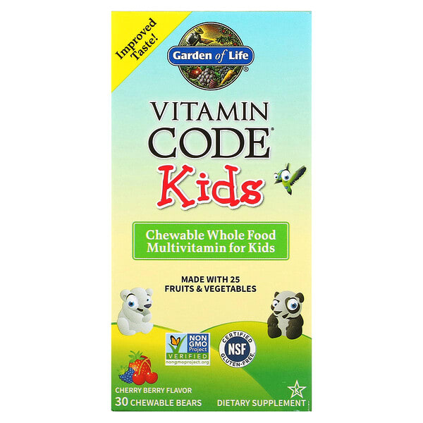 gol11439_v_91.jpg Vitamin Code, для детей, жевательные цельнопищевые мультивитамины, вишня, 30 жевательных мишек — Garden of Life