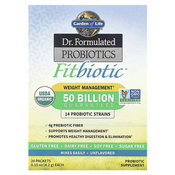 gol11833_v_52.jpg Компания Dr. Формула пробиотиков, Fitbiotic™, без добавок, 50 млрд КОЕ, 20 пакетиков по 4,2 г (0,15 унции) — Garden of Life