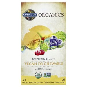 Organics, веганский жевательный витамин D3, малина и лимон, 30 веганских жевательных таблеток — Garden of Life