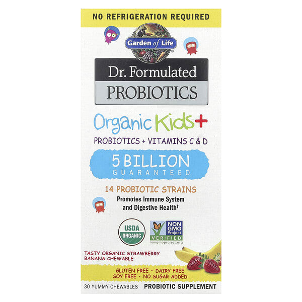 gol12221_v_30.jpg Компания Dr. Formated Probiotics, органические жевательные таблетки для детей, вкусная органическая клубника и банан, 30 вкусных жевательных таблеток — Garden of Life