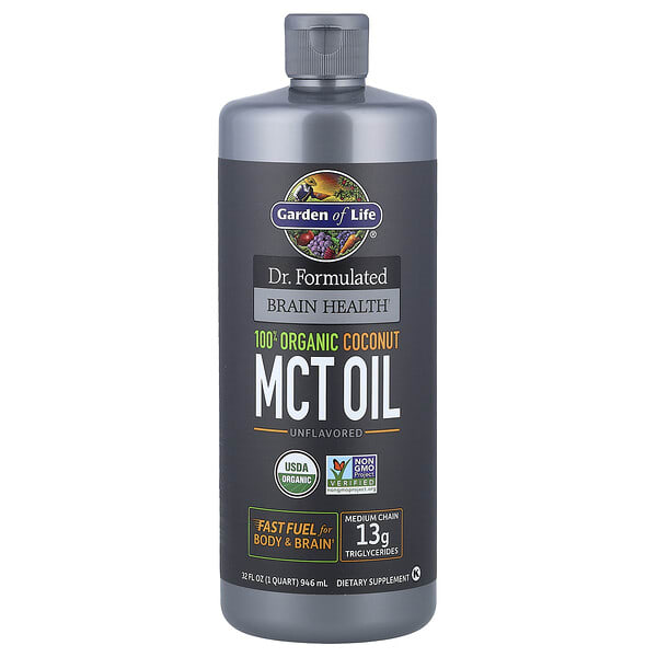 gol12223_v_59.jpg Компанией Dr. Formulated Brain Health, 100% Organic Coconut MCT Oil, Unflavored, 32 fl oz (946 ml) — Garden of Life