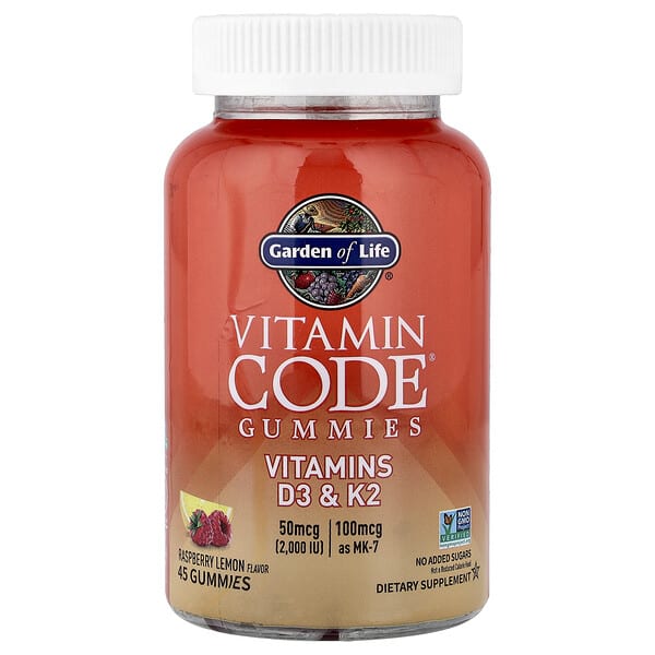 gol13326_v_24.jpg Vitamin Code®, жевательные таблетки, витамины D3 и K2, со вкусом малины и лимона, 45 жевательных таблеток — Garden of Life